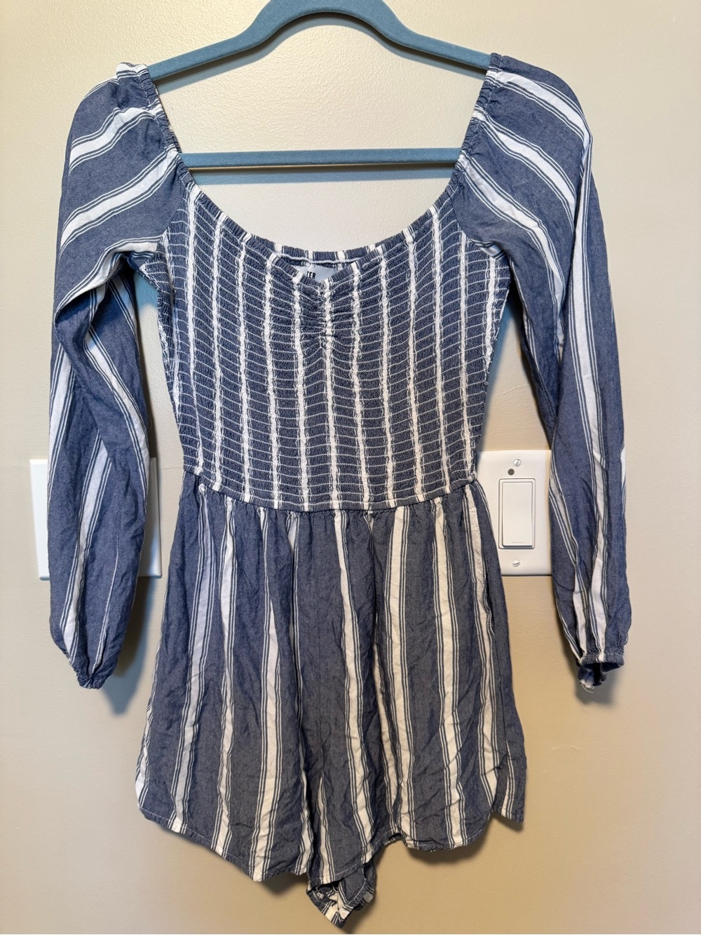 Hollister Blue and White Striped Smocked Romper